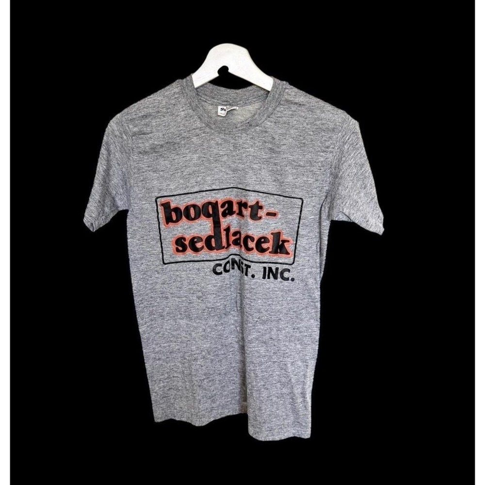 True Vintage 70s Stedman T Shirt Medium Gray Heathered Graphic Construction